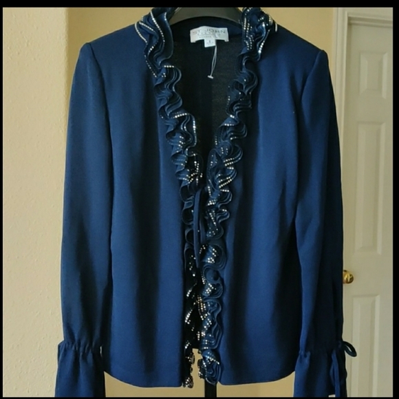 St. John Evening Navy Blue Embellished Ruffled Long Sleeve Knit Cardigan Sz 6 - Picture 8 of 11